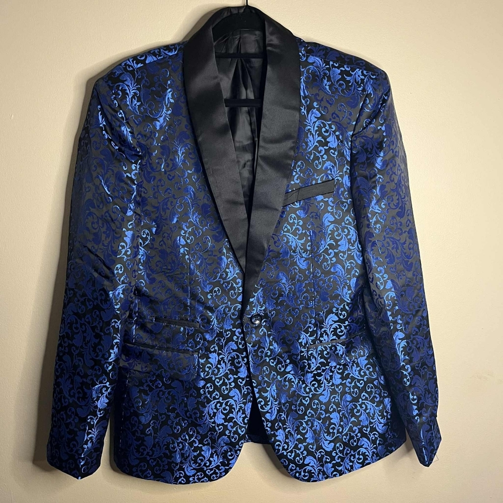 Men's Floral Black And Blue Brocade Stylish Tuxedo One Button Jacket